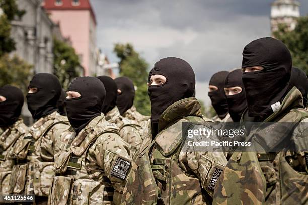 Soldiers of the Azov battalion swear in front of the St. Sophia cathedral - At least 600 of the new volunteer recruits from the battalion army "Azov"...