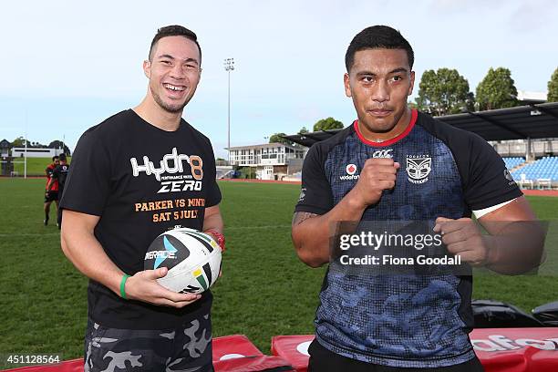 Heavyweight boxer Joseph Parker with old school friend Albert Vete at a New Zealand Warriors NRL training session at Mt Smart Stadium on June 24,...