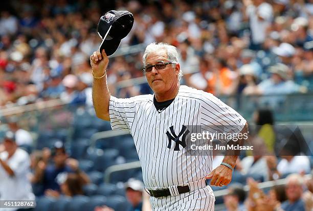 Former New York Yankee Bucky Dent is introduced during the teams Old Timers Day prior to a game between the New York Yankees and the Baltimore...