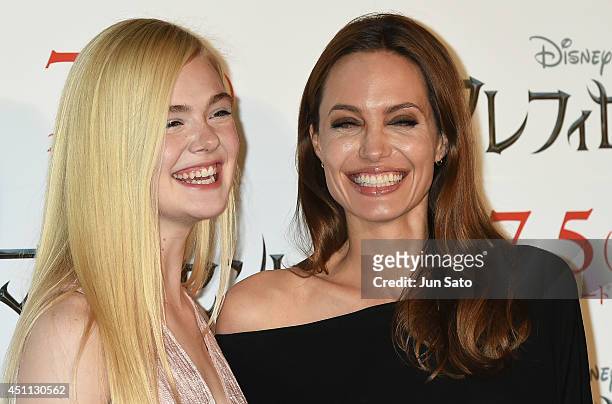 Angelina Jolie and Elle Fanning attend "Maleficent" press conference for Japan premiere at Grand Hyatt Tokyo on June 24, 2014 in Tokyo, Japan.