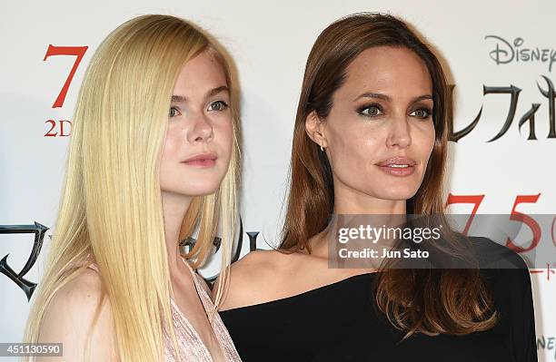 Angelina Jolie and Elle Fanning attend "Maleficent" press conference for Japan premiere at Grand Hyatt Tokyo on June 24, 2014 in Tokyo, Japan.