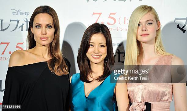 Angelina Jolie, Aya Ueto and Elle Fanning attend "Maleficent" press conference for the Japan premiere at Grand Hyatt Tokyo on June 24, 2014 in Tokyo,...