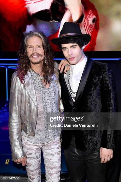 Steven Tyler and Leon Else attend the Roberto Cavalli show during the Milan Menswear Fashion Week Spring Summer 2015 on June 24, 2014 in Milan, Italy.