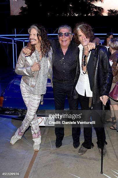 Steven Tyler, Roberto Cavalli and Joe Perry attend the Roberto Cavalli show during the Milan Menswear Fashion Week Spring Summer 2015 on June 24,...