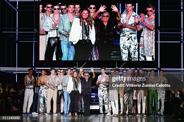 Designers Roberto Cavalli acknowledges the applause of the public after the Roberto Cavalli show as part of Milan Fashion Week Menswear Spring/Summer...