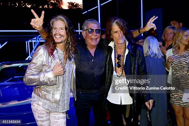 Steven Tyler, Roberto Cavalli and Joe Perry attend the Roberto Cavalli show during the Milan Menswear Fashion Week Spring Summer 2015 on June 24,...
