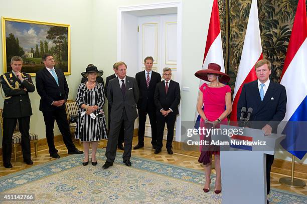 King Willem-Alexander and Queen Maxima of The Netherlands during a press conference at Belvedere Palace as part of their trip to Poland on June 24,...