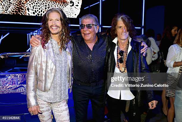 Steven Tyler, Roberto Cavalli and Joe Perry attend the Roberto Cavalli show during the Milan Menswear Fashion Week Spring Summer 2015 on June 24,...