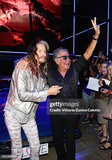 Steven Tyler and Roberto Cavalli attend the Roberto Cavalli show during the Milan Menswear Fashion Week Spring Summer 2015 on June 24, 2014 in Milan,...