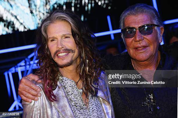 Steven Tyler and Roberto Cavalli attend the Roberto Cavalli show during the Milan Menswear Fashion Week Spring Summer 2015 on June 24, 2014 in Milan,...