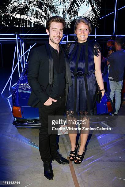 Edoardo Purgatori and guest attend the Roberto Cavall show during the Milan Menswear Fashion Week Spring Summer 2015 on June 24, 2014 in Milan, Italy.