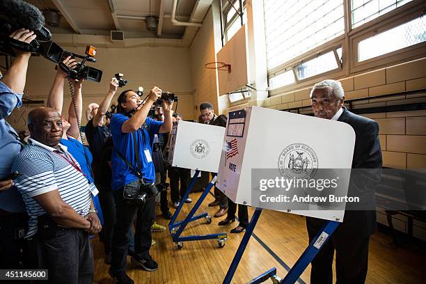 Rep. Charlie Rangel votes in the Democratic Primary for the 13th congressional district of New York on June 24, 2014 in the Harlem neighborhood of...