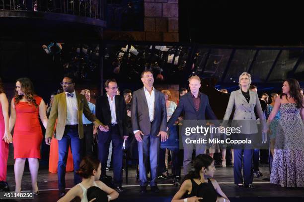 Actors Eden Espinosa, Billy Porter, Brian Stokes Mitchell, Jesse Tyler Ferguson, Jane Lynch, and Lindsay Mendez take a curtain call at The Public...