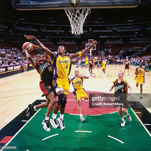 Dominique Canty of the Detroit Shcok shoots against the Los Angeles Sparks at Staples Center on May 29, 1999 in Los Angeles, CA. NOTE TO USER: User...