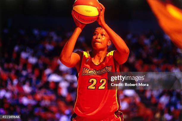 Jennifer Gillom of the Phoenix Mercury attempts a free throw against the Los Angeles Sparks at Staples Center on July 23, 1998 in Los Angeles, CA....