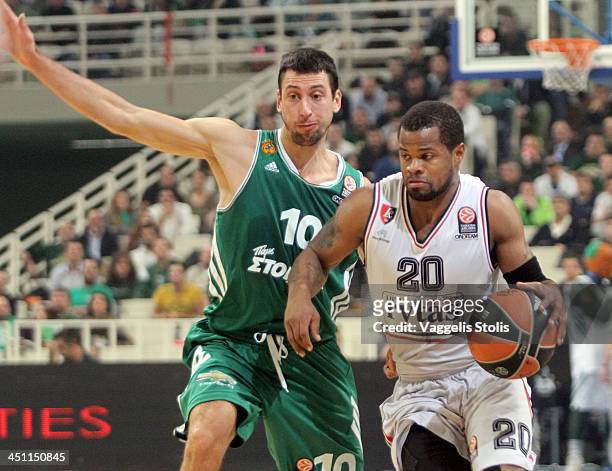 Omar Cook, #20 of Lietuvos Rytas Vilnius competes with Roko Ukic, #10 of Panathinaikos Athens in action during the 2013-2014 Turkish Airlines...