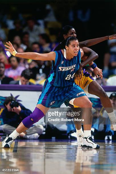 Natalie Williams of the Utah Starzz guards her position against the Los Angeles Sparks at Staples Center on June 28, 1999 in Los Angeles, California....