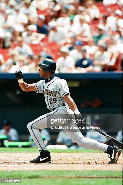 Gerald Williams of the Milwaukee Brewers bats against the Kansas City Royals at Kauffman Stadium on June 29, 1997 in Kansas City, Missouri.