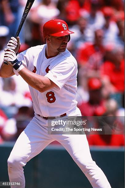 Eli Marrero of the St. Louis Cardinals bats against the Houston Astros at Busch Stadium on May 23, 2002 in St. Louis, Missouri. The Cardinals...