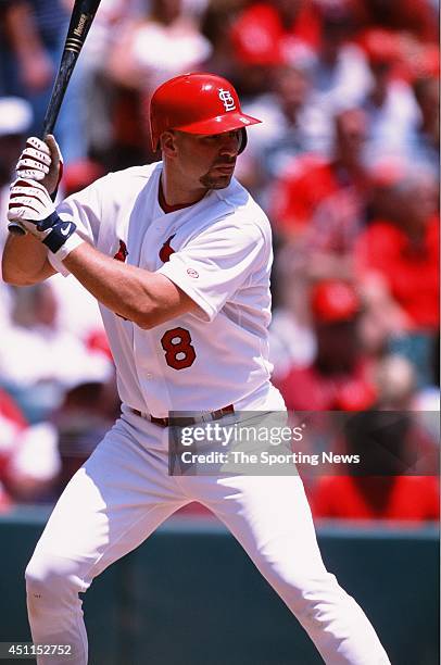 Eli Marrero of the St. Louis Cardinals bats against the Houston Astros at Busch Stadium on May 23, 2002 in St. Louis, Missouri. The Cardinals...