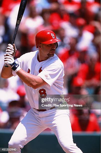 Eli Marrero of the St. Louis Cardinals bats against the Houston Astros at Busch Stadium on May 23, 2002 in St. Louis, Missouri. The Cardinals...