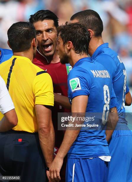 Gianluigi Buffon of Italy appeals to referee Marco Rodriguez after Claudio Marchisio is sent off during the 2014 FIFA World Cup Brazil Group D match...