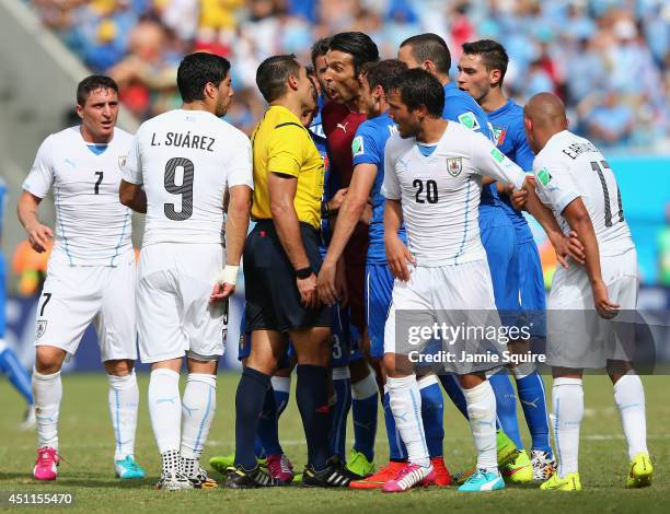 Gianluigi Buffon of Italy appeals to referee Marco Rodriguez after Claudio Marchisio is sent off during the 2014 FIFA World Cup Brazil Group D match...