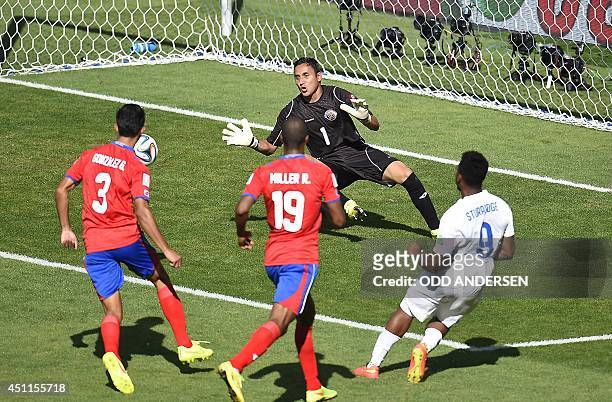 Costa Rica's goalkeeper Keylor Navas makes a save from England's forward Daniel Sturridge as Costa Rica's defender Giancarlo Gonzalez and Costa...