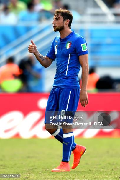 Claudio Marchisio of Italy walks off the pitch after being sent off with a straight red card during the 2014 FIFA World Cup Brazil Group D match...