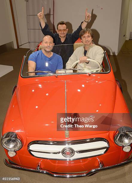 Sir Jonathan Ive, Marc Newson and Bono hop into a unique red Fiat Jolly, one of the 44 extraordinary items to be sold at the Auction this Saturday,...