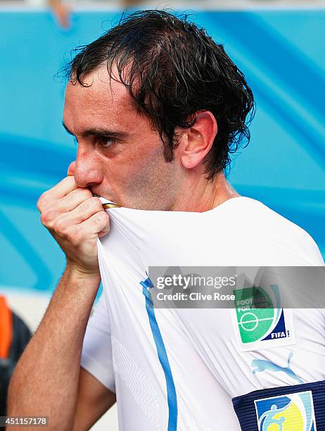 Diego Godin of Uruguay celebrates scoring his team's first goal during the 2014 FIFA World Cup Brazil Group D match between Italy and Uruguay at...