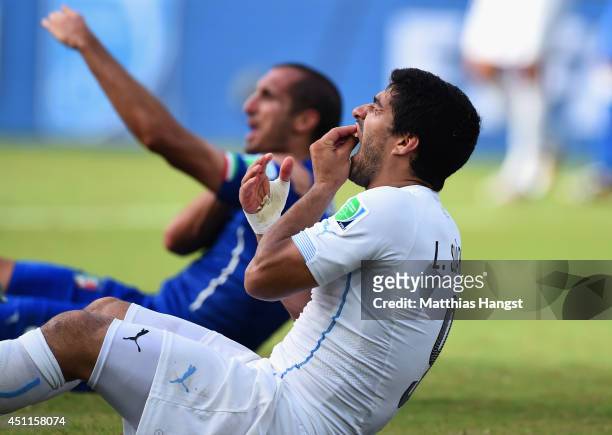 Luis Suarez of Uruguay and Giorgio Chiellini of Italy react after a clash during the 2014 FIFA World Cup Brazil Group D match between Italy and...