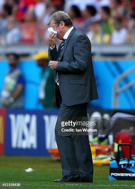 England manager Roy Hodgson reacts during the 2014 FIFA World Cup Brazil Group D match between Costa Rica and England at Estadio Mineirao on June 24,...