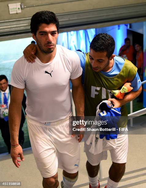 Luis Suarez of Uruguay celebrates the 1-0 win with his teammate Walter Gargano in the tunnel after the 2014 FIFA World Cup Brazil Group D match...