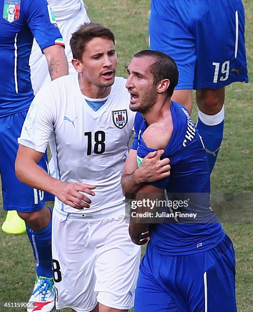 Giorgio Chiellini of Italy pulls down his shirt after a clash with Luis Suarez of Uruguay as Gaston Ramirez of Uruguay looks on during the 2014 FIFA...