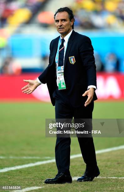 Head coach Cesare Prandelli of Italy gestures during the 2014 FIFA World Cup Brazil Group D match between Italy and Uruguay at Estadio das Dunas on...