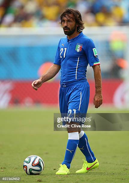 Andrea Pirlo of Italy waits to take a free kick during the 2014 FIFA World Cup Brazil Group D match between Italy and Uruguay at Estadio das Dunas on...