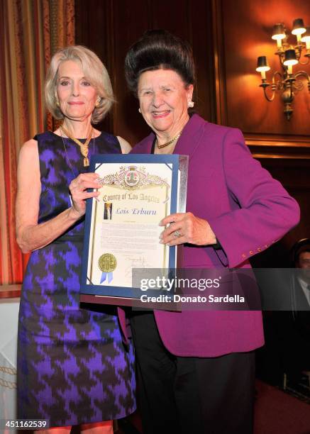 Constance Towers Gavin and Lois Erburu attend The Blue Ribbon 45th anniversary luncheon at The California Club on November 21, 2013 in Los Angeles,...