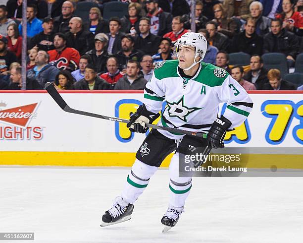 Stephane Robidas of the Dallas Stars skates against the Calgary Flames during an NHL game at Scotiabank Saddledome on November 14, 2013 in Calgary,...