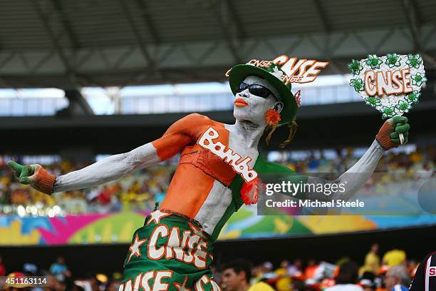 An Ivory Coast fan enjoys the atmosphere prior to kickoff during the 2014 FIFA World Cup Brazil Group C match between Greece and the Ivory Coast at...