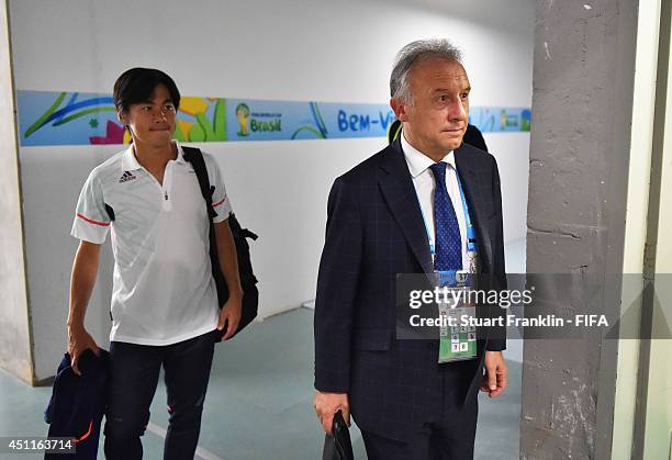 Head coach Alberto Zaccheroni of Japan arrives at the stadium prior to the 2014 FIFA World Cup Brazil Group C match between Japan and Colombia at...