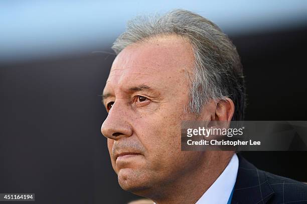 Alberto Zaccheroni of Japan looks on during the 2014 FIFA World Cup Brazil Group C match between Japan and Colombia at Arena Pantanal on June 24,...