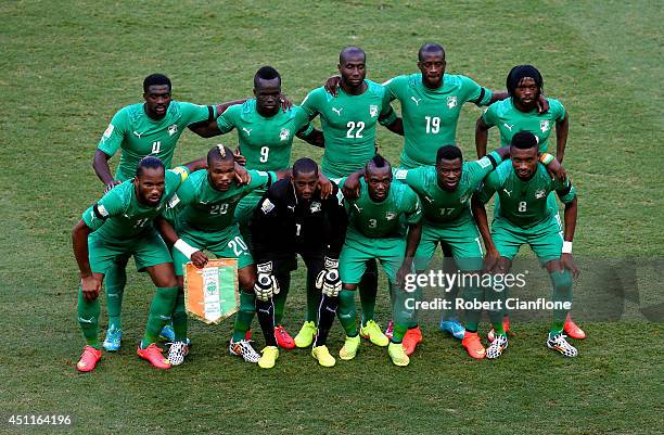 The Ivory Coast pose for a team photo prior to the 2014 FIFA World Cup Brazil Group C match between Greece and the Ivory Coast at Castelao on June...