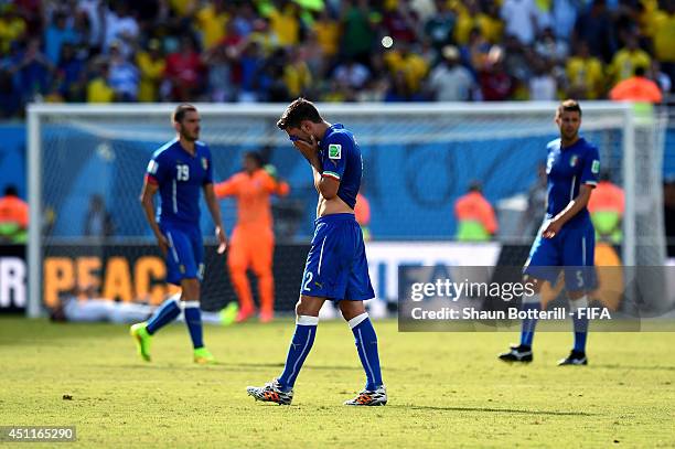 Mattia De Sciglio of Italy shows his dejection after the 0-1 defeat in the 2014 FIFA World Cup Brazil Group D match between Italy and Uruguay at...