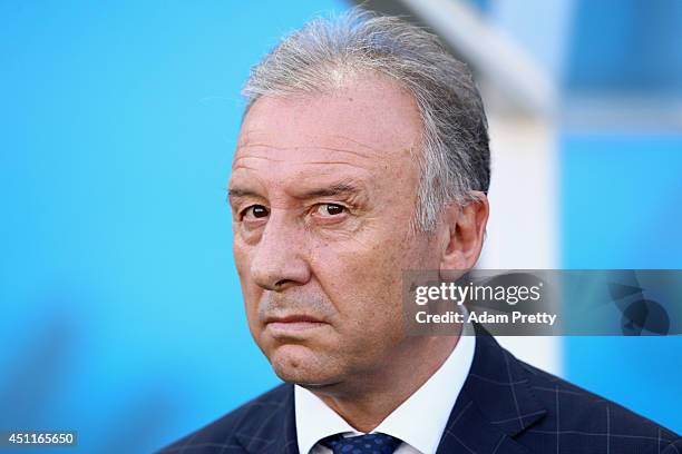 Head coach Alberto Zaccheroni of Japan looks on during the 2014 FIFA World Cup Brazil Group C match between Japan and Colombia at Arena Pantanal on...