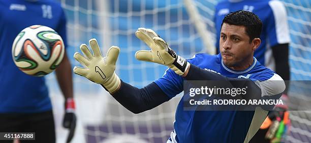 Honduras' goalkeeper Noel Valladares takes part in an official training session at the Amazonia Arena stadium in Manaus on June 24 on the eve of...