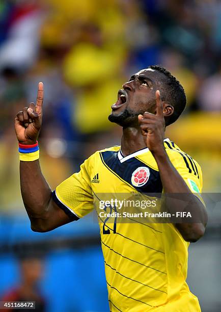 Jackson Martinez of Colombia celebrates scoring his team's second goal during the 2014 FIFA World Cup Brazil Group C match between Japan and Colombia...