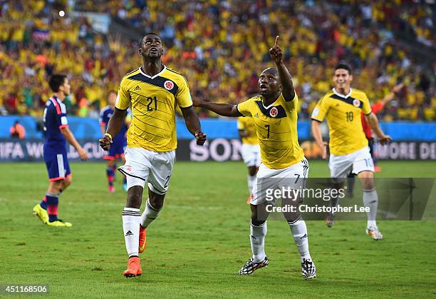 Jackson Martinez of Colombia celebrates scoring his team's second goal during the 2014 FIFA World Cup Brazil Group C match between Japan and Colombia...