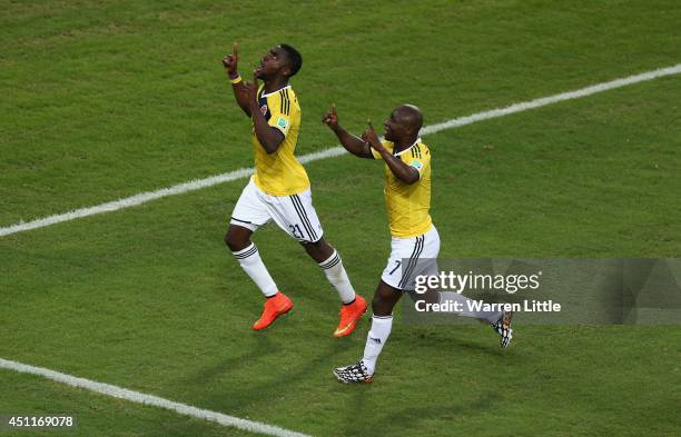 Jackson Martinez of Colombia celebrates scoring his team's second goal during the 2014 FIFA World Cup Brazil Group C match between Japan and Colombia...