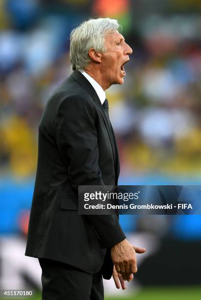 Head coach Jose Pekerman of Colombia looks on during the 2014 FIFA World Cup Brazil Group C match between Japan and Colombia at Arena Pantanal on...